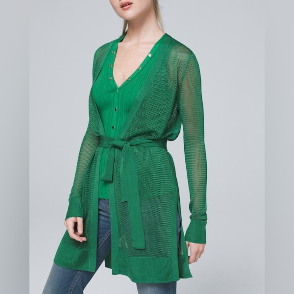 WHBM GREEN LIGHTWEIGHT OPEN STITCH CARDIGAN